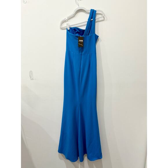 Xscape One Shoulder Front Slit Sleeveless Fit & Flare Maxi Dress Blue Women's 4 - Picture 4 of 6